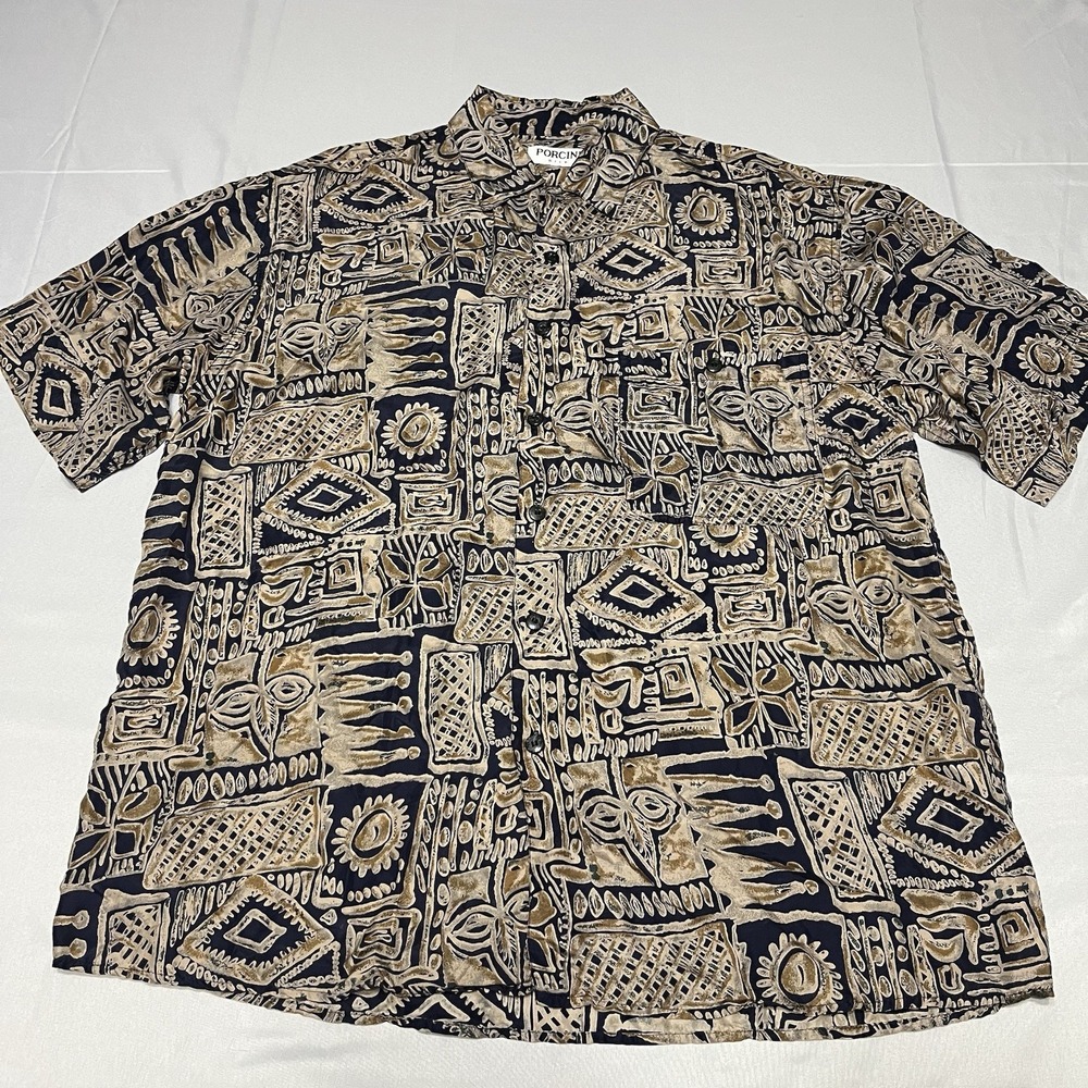 Porcini Silk Shirt Mens M Hawaiian Geometric AOP Button Up SS Camp